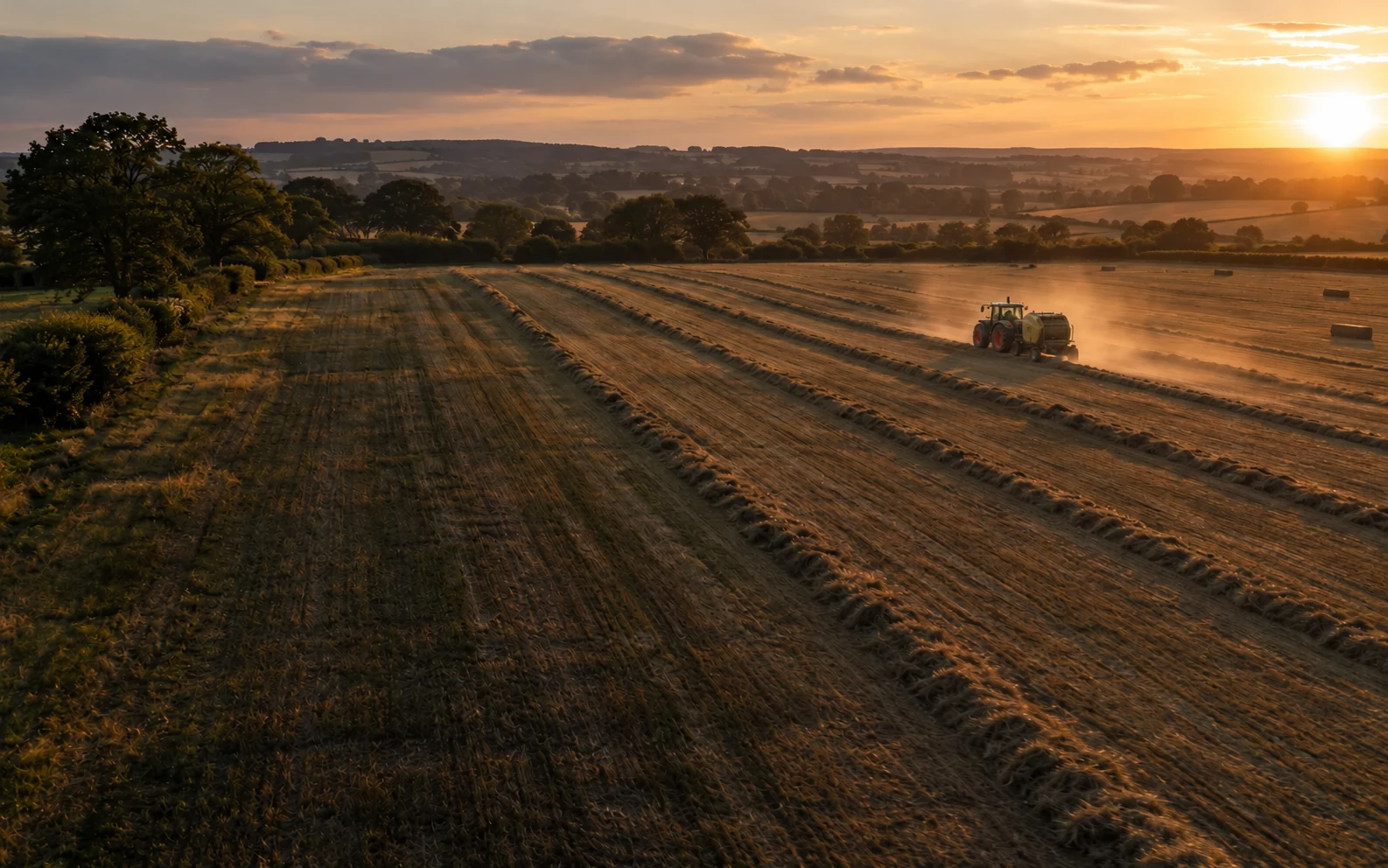 Illustrative agricultural landscape with a green tractor and red wheel rims baling in open fields at sunset