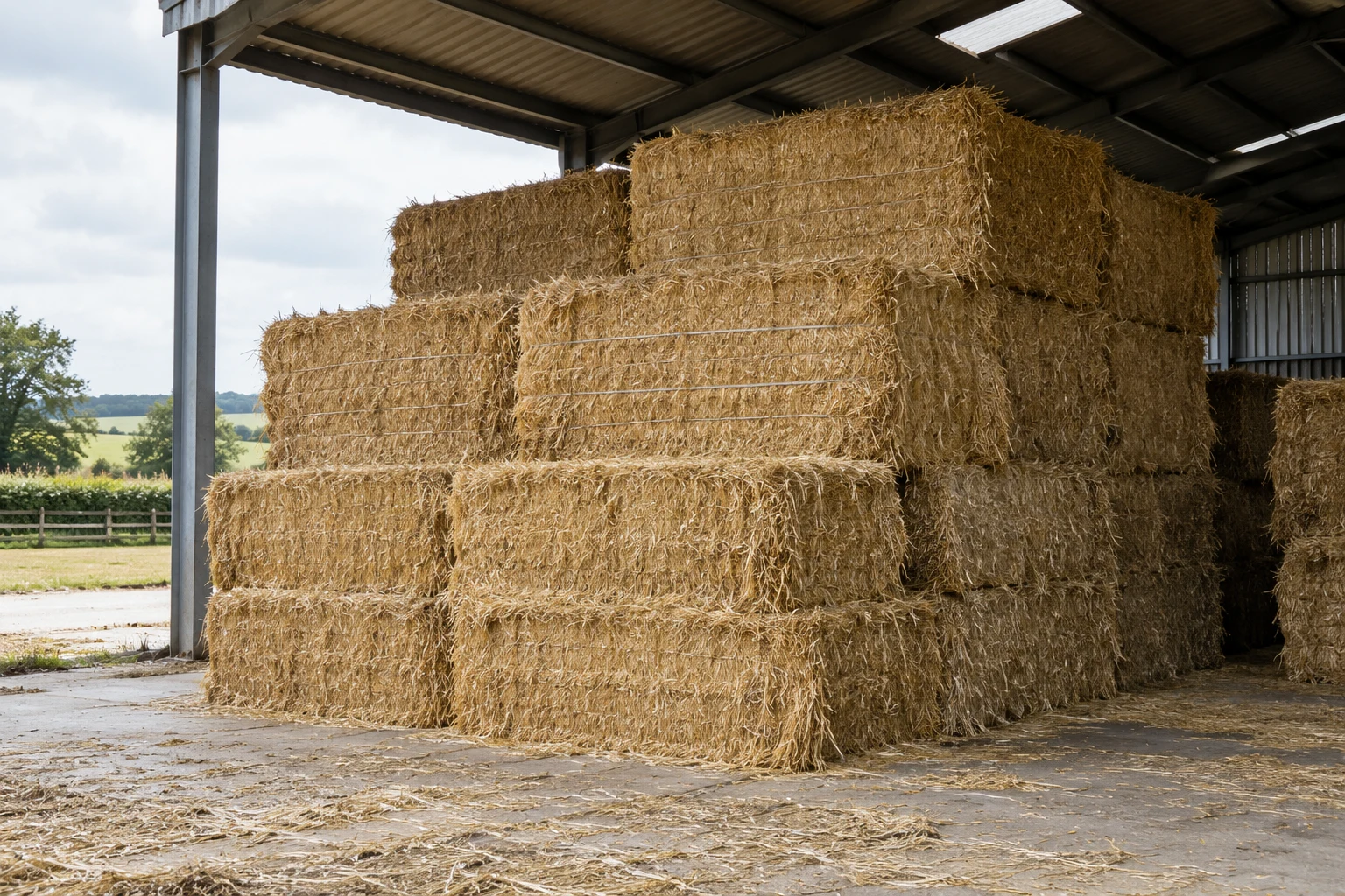 Illustrative marketing scene of straw bales stacked under an agricultural barn