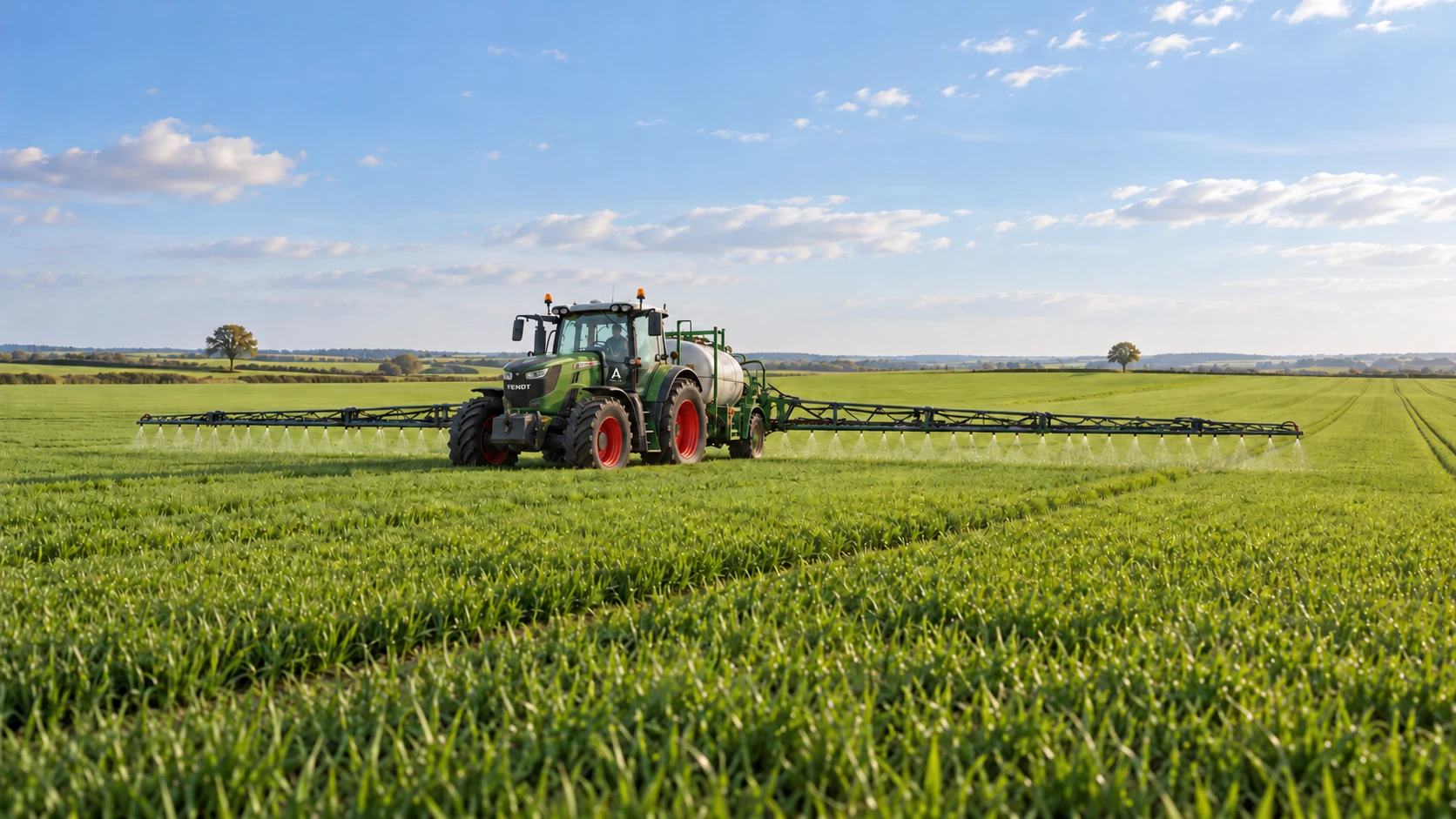 Illustrative view of a green Fendt tractor with red wheel rims working with wide sprayer booms across an open field