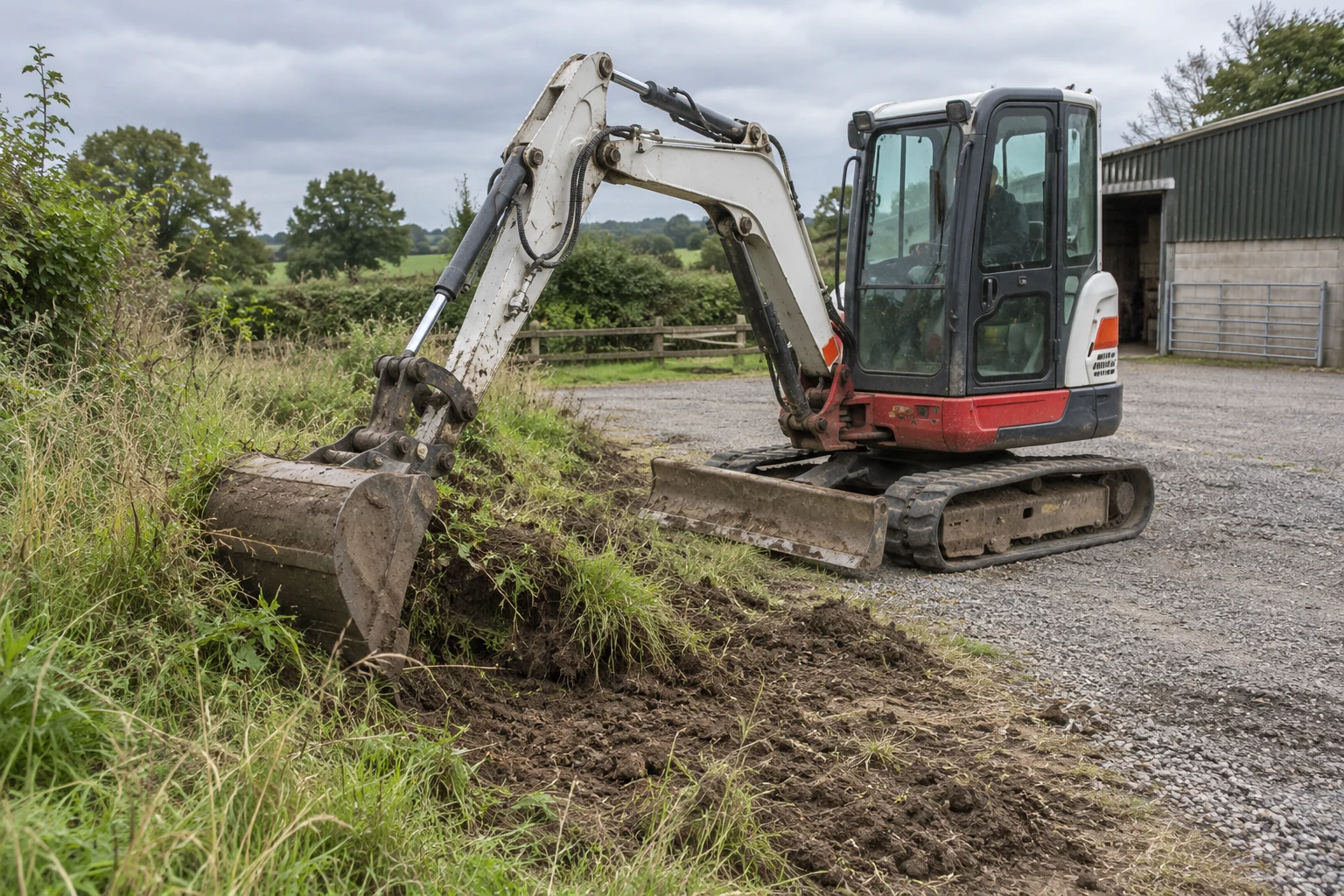 Illustrative marketing scene of an excavator working at the edge of a rural yard