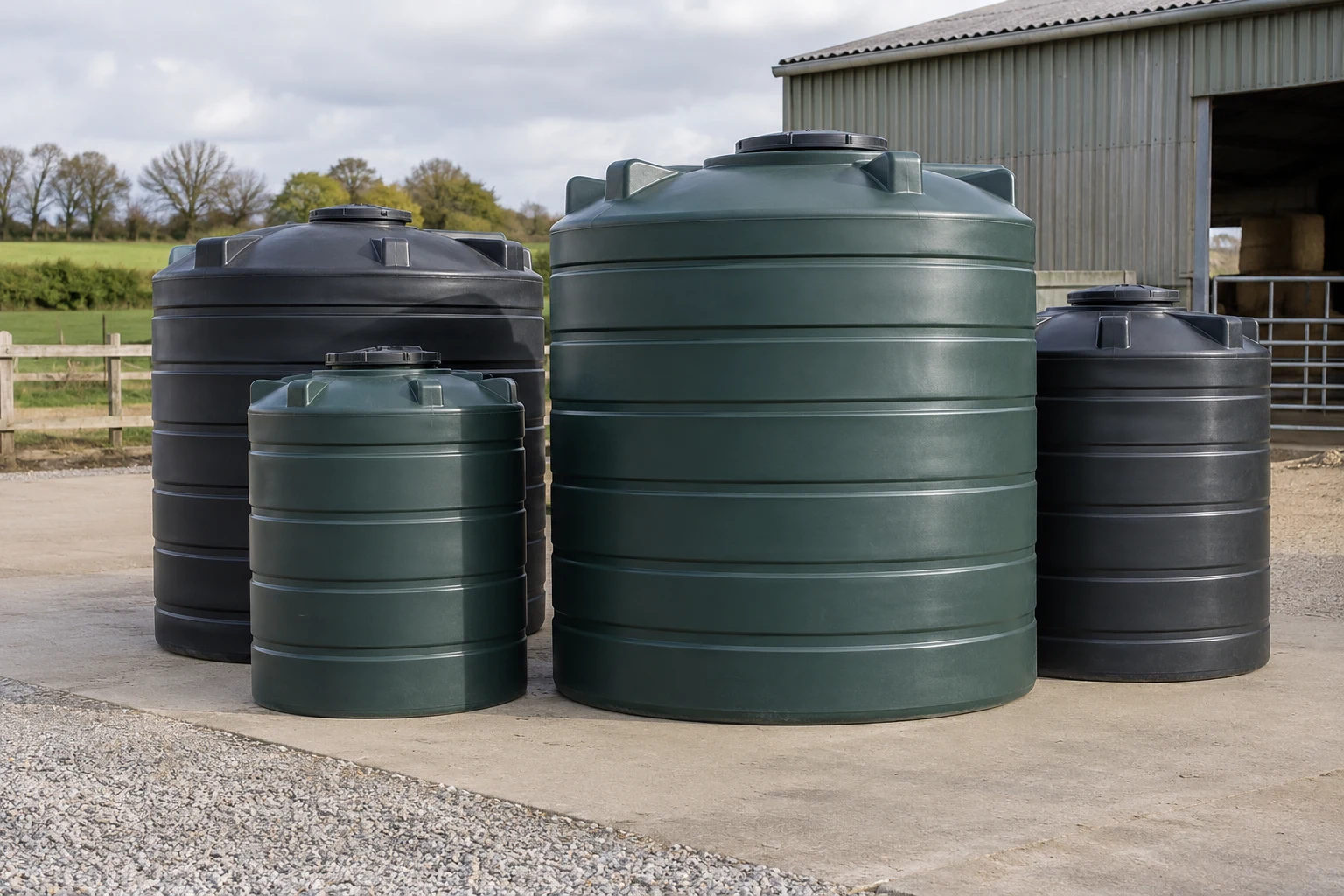 Illustrative marketing scene of storage tanks in an agricultural supply yard