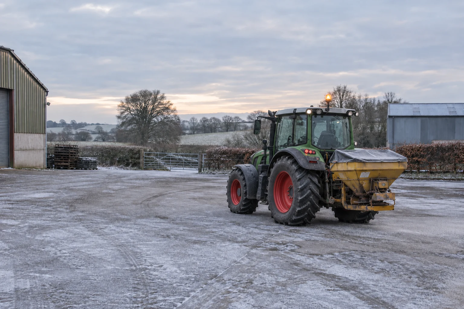 Illustrative marketing scene of a green tractor with red wheel rims and a salt spreader in a frosted commercial yard